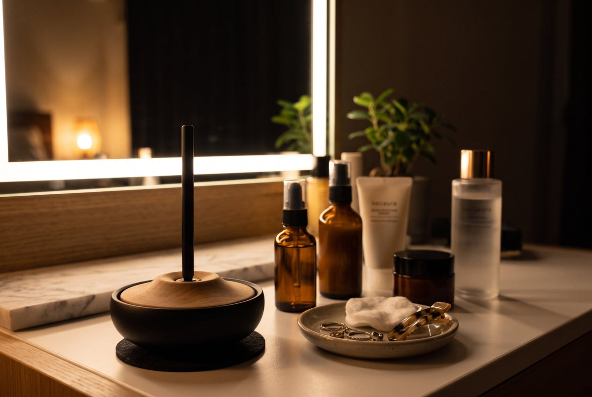 A black bellaura Ring orin bell on a vanity beside skincare bottles and a dish of rings in warm evening light