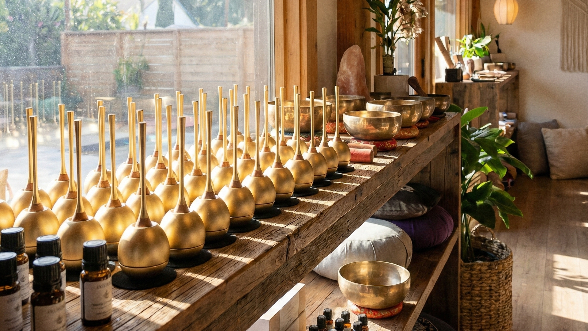 bellaura bells on a shelve in a meditation store